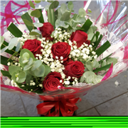 Six red rose,gypsophilia and foliage aqua bouquet