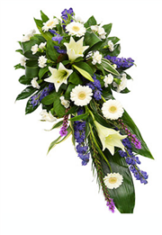 white and purple single ended funeral spray 