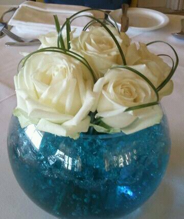 Eileen Jenkins fish bowl with white rose posy inset