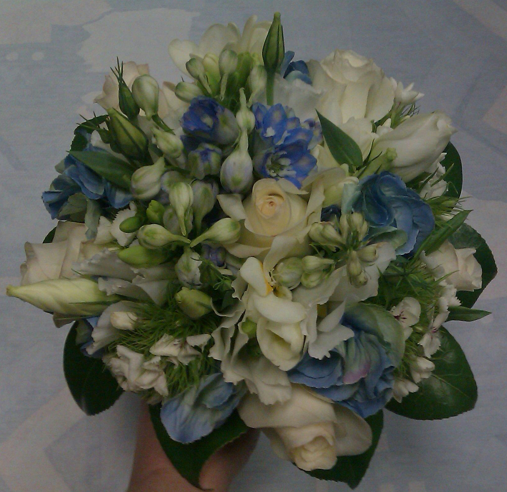 Eileen Jenkins blue and ivory bridal posy