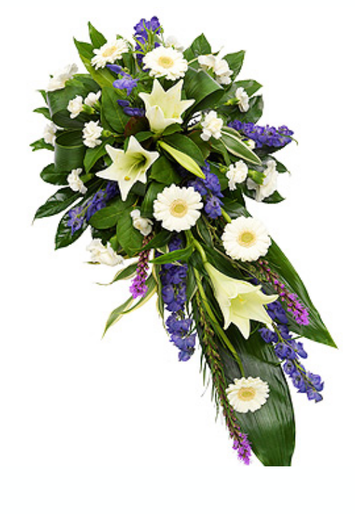 Eileen Jenkins white and purple single ended funeral spray 