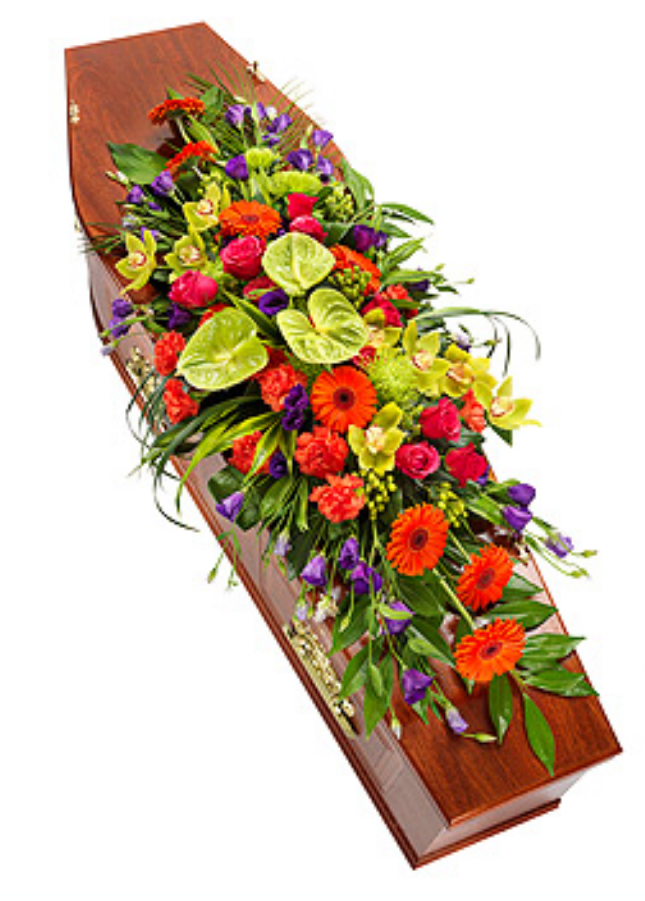 Eileen Jenkins vibrant modern casket spray