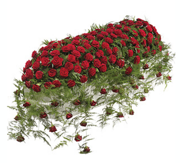 Eileen Jenkins all red rose trailing casket spray